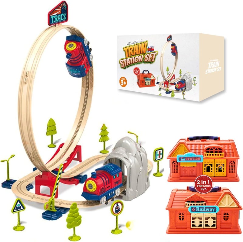 Atlasonix Train Toys for Toddlers 3-5 | Electric Train Set for Kids - Toy Train, Railway Station with Loop, Bridge & Signs - Montessori Educational Fun Trains Toy for Boys Girls Birthday Gift - Image 1